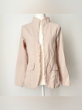 Blanco Women's Gauze Cotton Jacket Size S Beige Frayed Edge Elbow Patch Peru